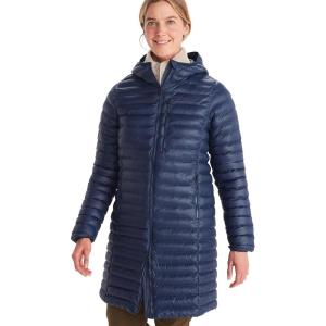 imageMARMOT Womens Echo Featherless Long Jacket  MidThigh Lightweight DownAlternative Puffer with HoodArctic Navy Shiny